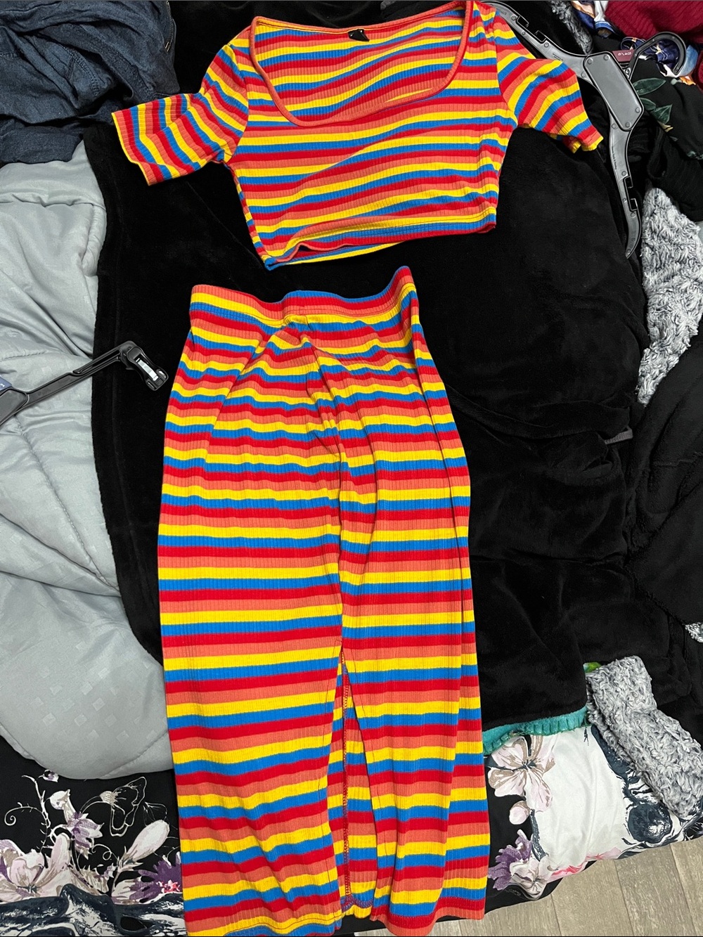 SHEIN Rainbow Striped Ribbed Skirt and Crop Top Set